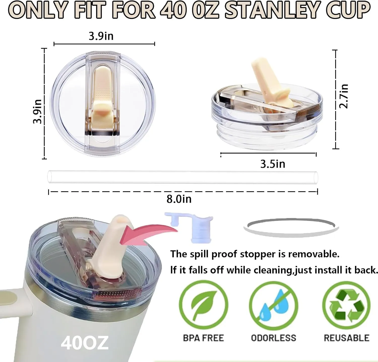 2 Pack 40oz Detachable ProTour Flip Straw Leak Proof Lid, Replacement Lid 40 oz apply to Stanley H2.0 Quencher (Cream&Cream)