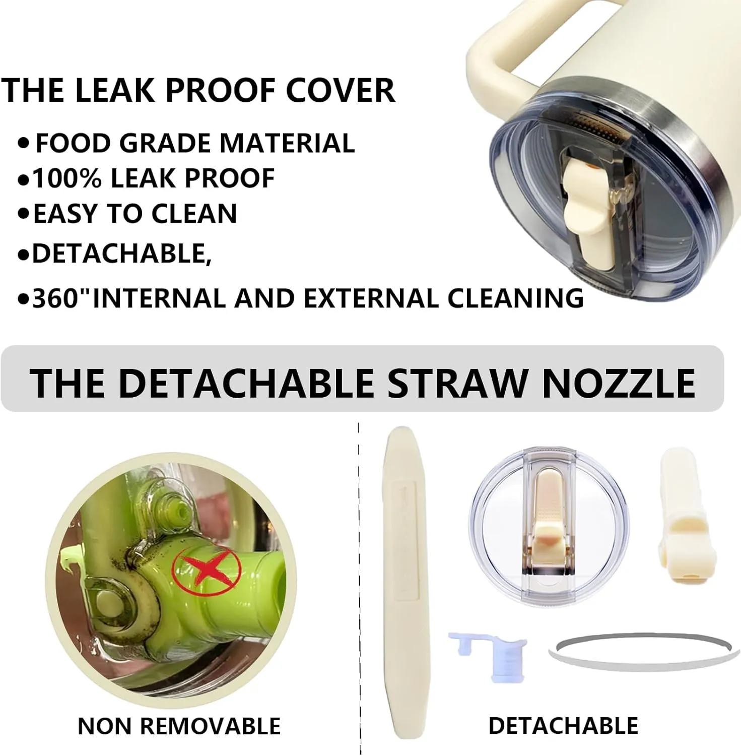 2 Pack 40oz Detachable ProTour Flip Straw Leak Proof Lid, Replacement Lid 40 oz apply to Stanley H2.0 Quencher (Cream&Cream)