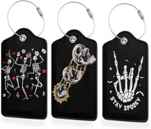 3 Pack Luggage Tags,Leather Suitcase Tags with Privacy Cover Name Address Labels& Durable Steel Loop for Men/Women Travel Bag Suitcases(Rock Skull)