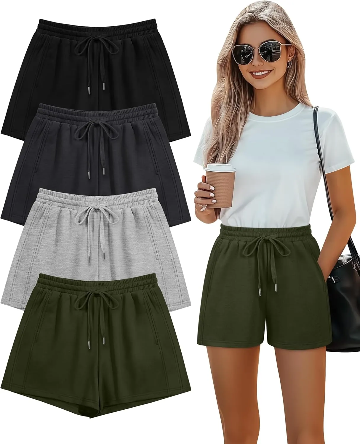 4 Pack Women Drawstring Sweat Shorts Elastic High Waist Athletic Running Short Pants Workout Comfy with Pockets