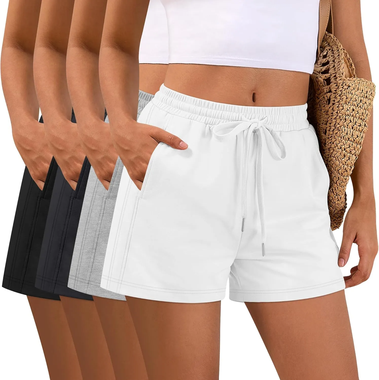 4 Pack Women Drawstring Sweat Shorts Elastic High Waist Athletic Running Short Pants Workout Comfy with Pockets