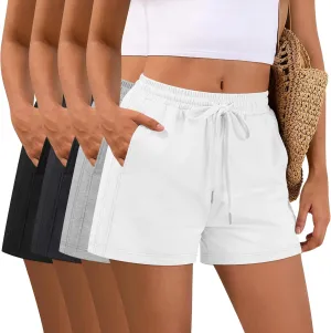 4 Pack Women Drawstring Sweat Shorts Elastic High Waist Athletic Running Short Pants Workout Comfy with Pockets