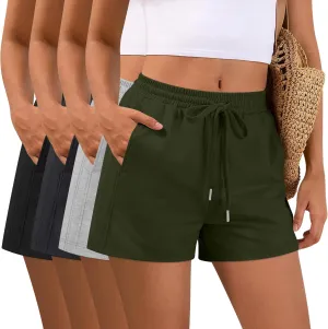 4 Pack Women Drawstring Sweat Shorts Elastic High Waist Athletic Running Short Pants Workout Comfy with Pockets