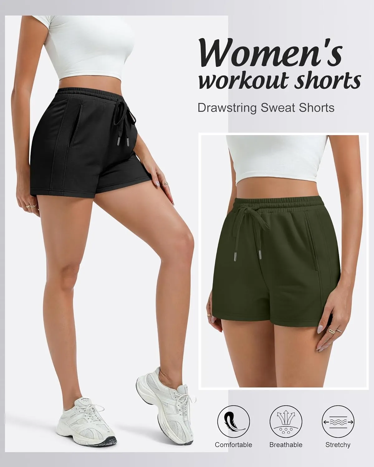4 Pack Women Drawstring Sweat Shorts Elastic High Waist Athletic Running Short Pants Workout Comfy with Pockets