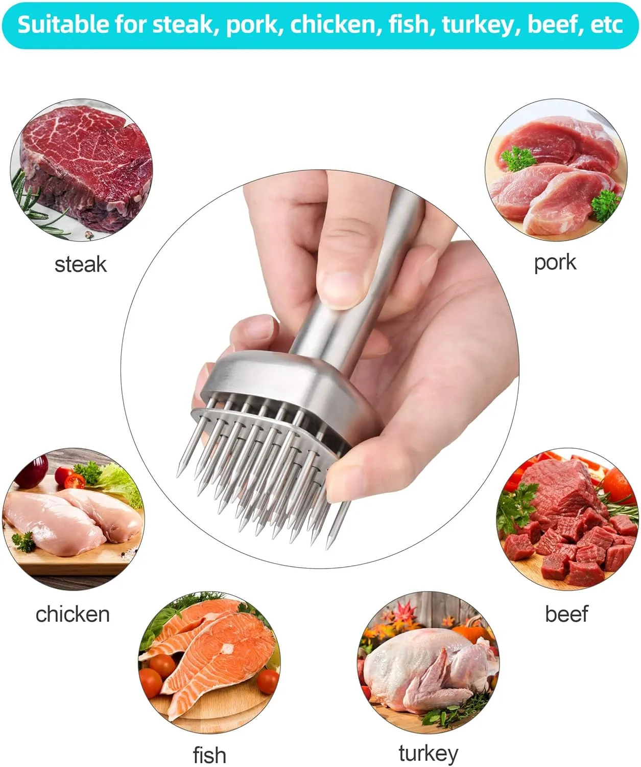 Aliglow 304 Stainless Steel Meat Tenderizer Needle Meat Hammer Mallet Tool Pounder For Tenderizing and Pounding Steak, Beef Pork Chicken BBQ And Poultry