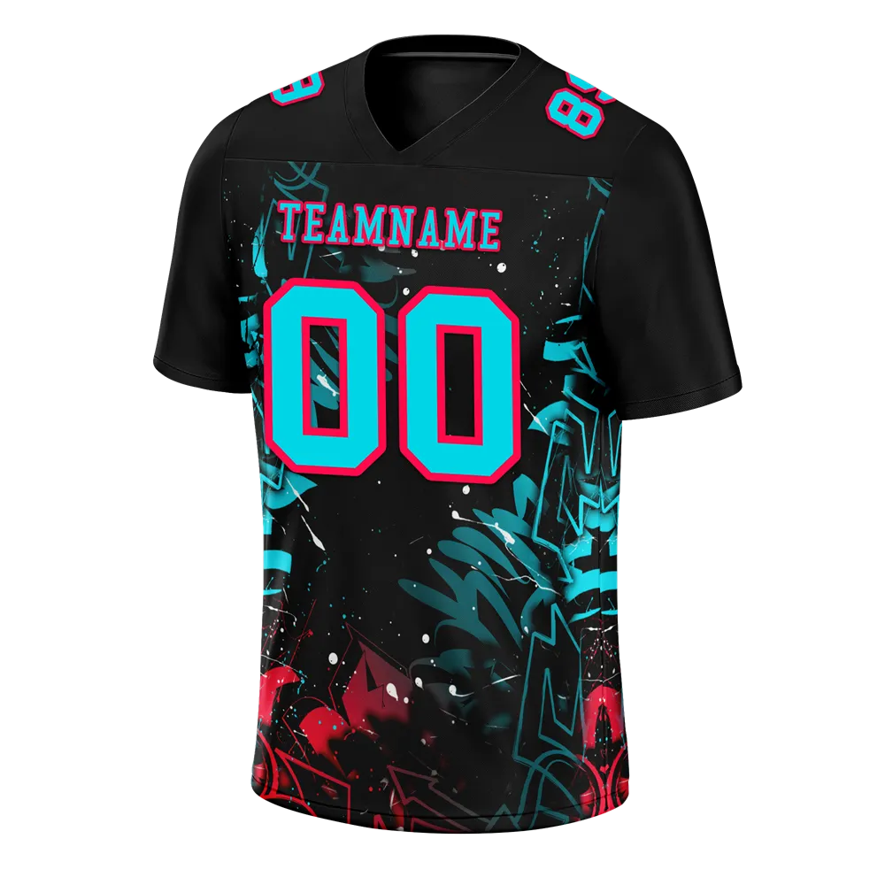 Custom Black Graffiti Pattern Aqua Personalized Authentic Football Jersey FBJ02-bc0face