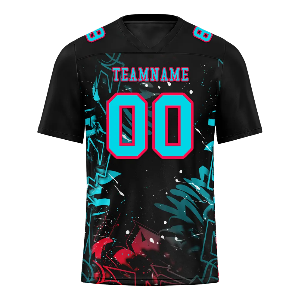 Custom Black Graffiti Pattern Aqua Personalized Authentic Football Jersey FBJ02-bc0face