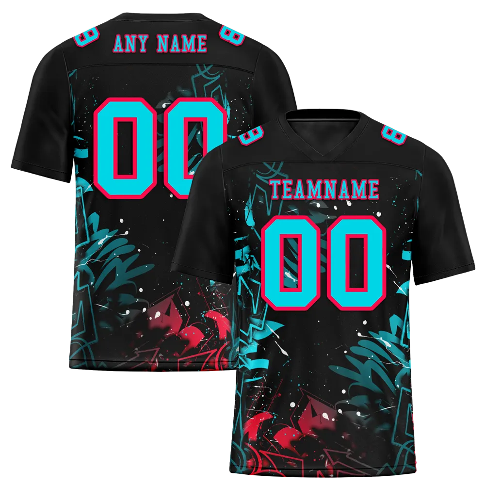Custom Black Graffiti Pattern Aqua Personalized Authentic Football Jersey FBJ02-bc0face