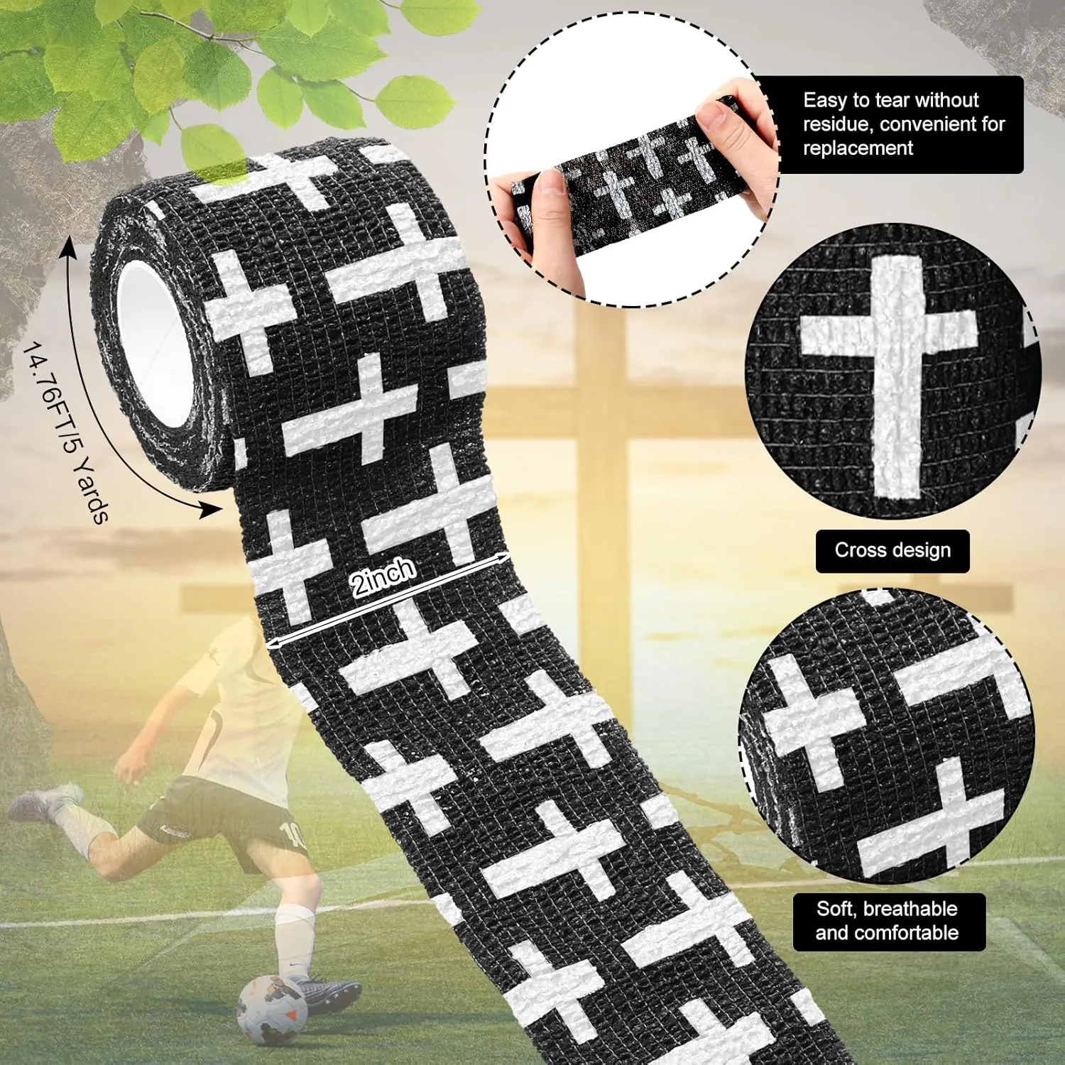 Geiserailie 12 Pack Christian Athletic Tapes 2 Inch x 5 Yards Self Adhesive Bandages Sports Wraps Breathable Elastic Wrap Non Woven Bandage for Wrist, Ankle, Baseball Football (Black)