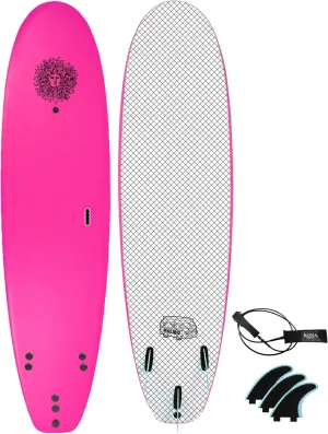 KONA SURF CO. Malibu Beginners Surfboard for Adults and Kids - Soft Board Foam Top Surfboard Foamie for Beach of Softboards - Includes Removable Fins and Leash (Pink, 7ft 6in)