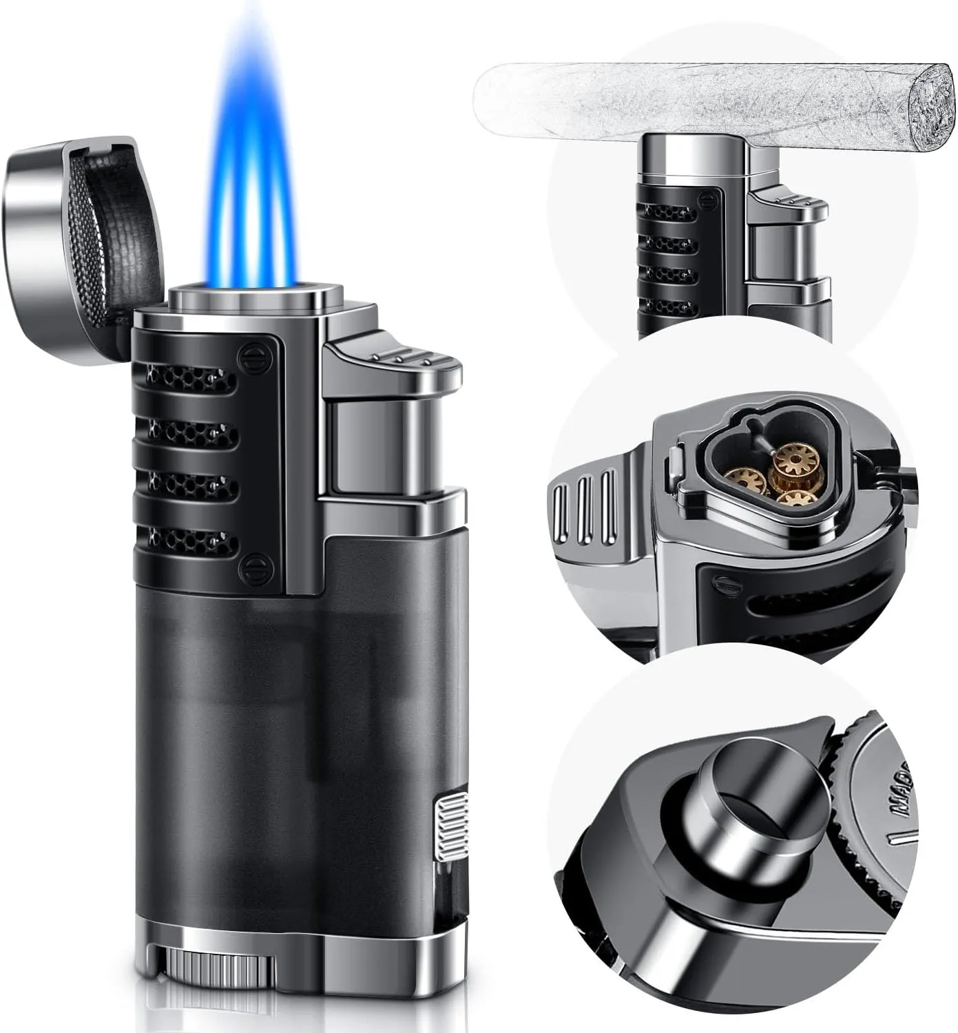LcFun Butane Lighter 1 Pack Triple Jet Flame Torch Lighters Butane Refillable Gas Lighter Adjustable Windproof Pocket Lighter for Men - Gas Not Included (1 Pack Black)