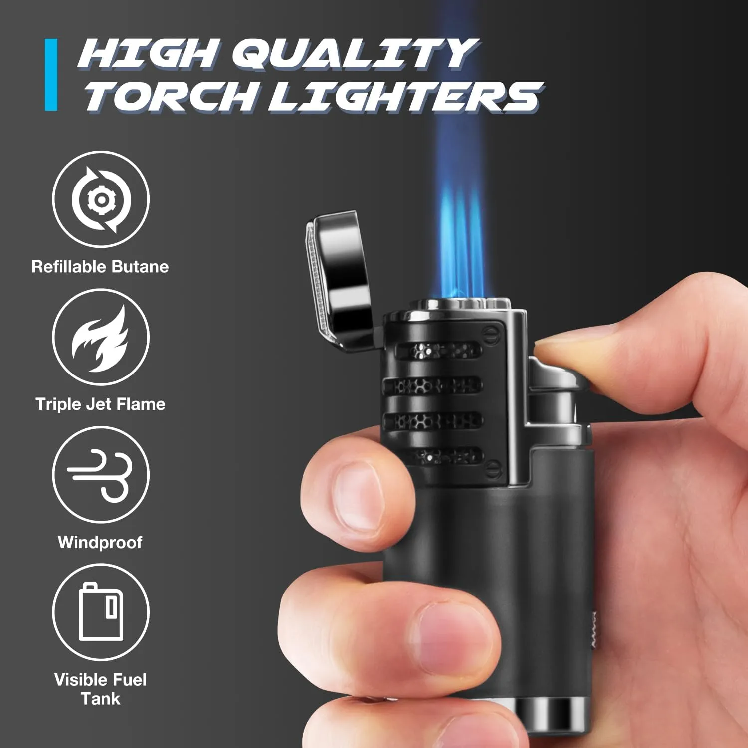 LcFun Butane Lighter 1 Pack Triple Jet Flame Torch Lighters Butane Refillable Gas Lighter Adjustable Windproof Pocket Lighter for Men - Gas Not Included (1 Pack Black)
