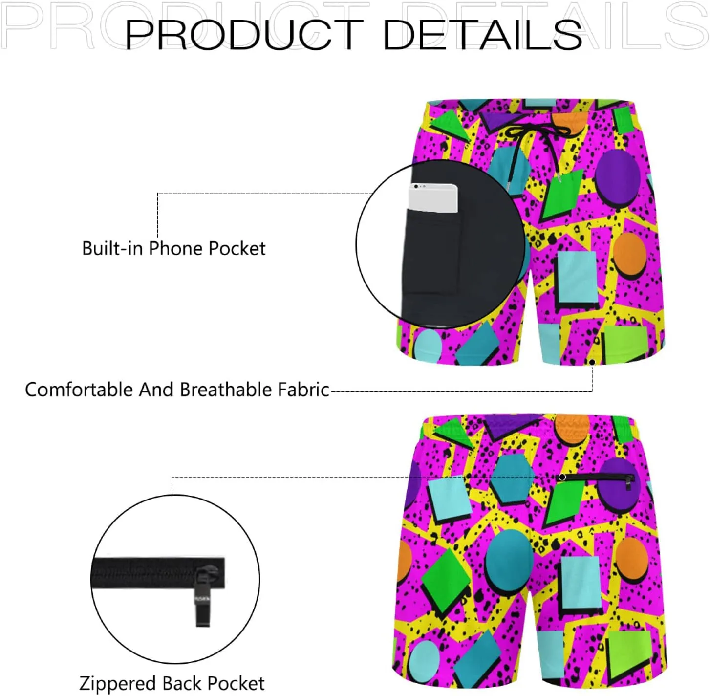 Vintage 80s Memphis Mens Beach Shorts Funny Elastic Waist Quick Dry Swim Trunks