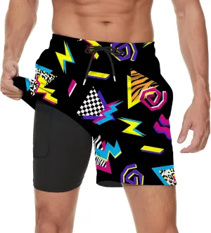 Vintage 80s Memphis Mens Beach Shorts Funny Elastic Waist Quick Dry Swim Trunks