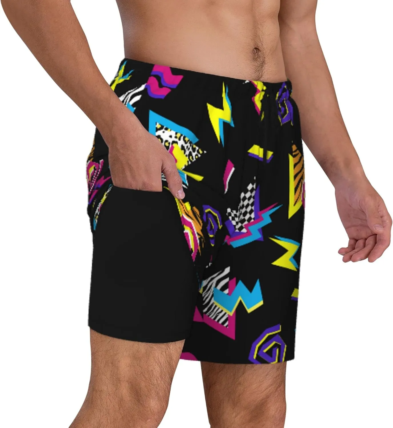 Vintage 80s Memphis Mens Beach Shorts Funny Elastic Waist Quick Dry Swim Trunks