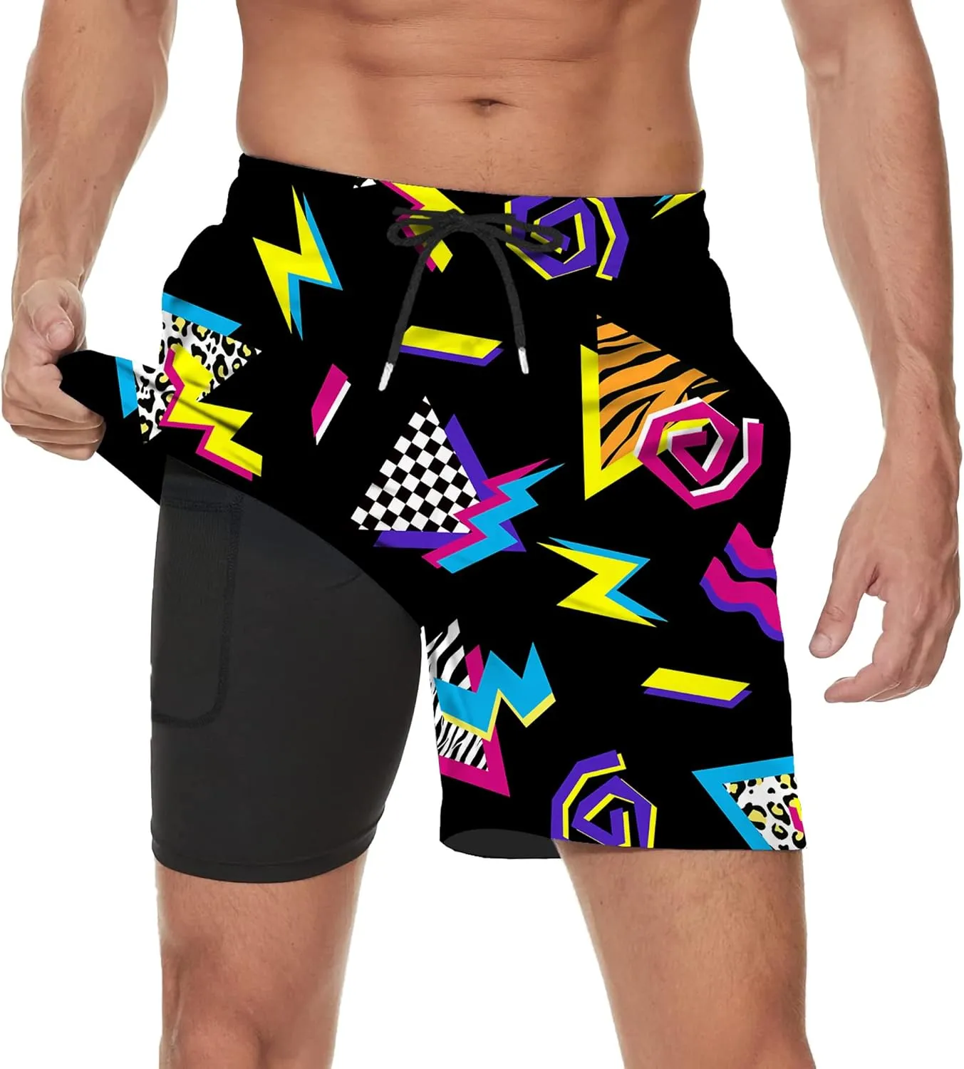 Vintage 80s Memphis Mens Beach Shorts Funny Elastic Waist Quick Dry Swim Trunks