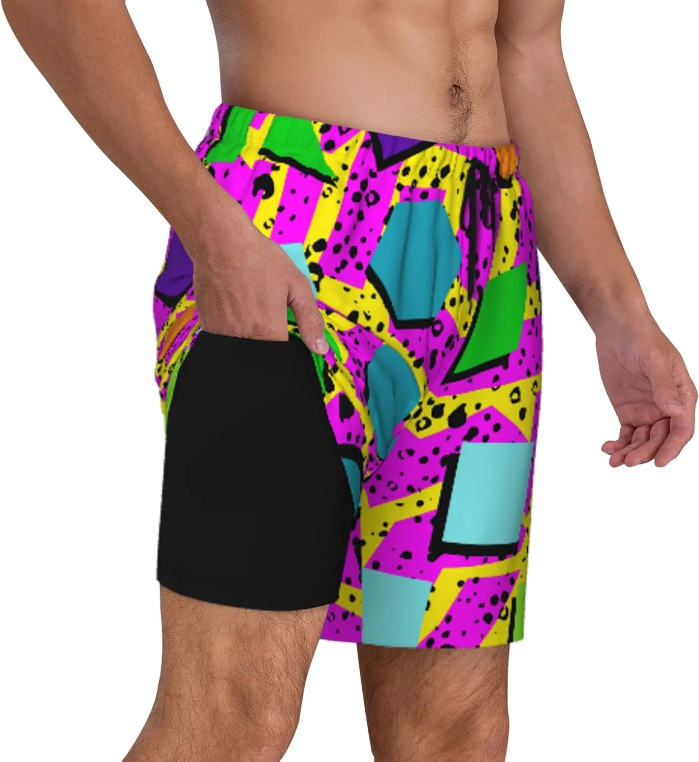 Vintage 80s Memphis Mens Beach Shorts Funny Elastic Waist Quick Dry Swim Trunks